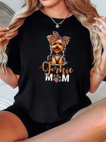 Camiseta de Mujer 2026, Casual, Cuello Redondo, Opcional en Blanco y Negro, con Estampado Gráfico de Leopardo y "Yorkie Mom", Camisetas de Verano para Uso Diario, Blusas para Mujer, Tops Cortos, Ropa Vintage de Algodón, Ropa Linda para Mujer, Blusas Casuales para Mujer - Negro - Ver 1