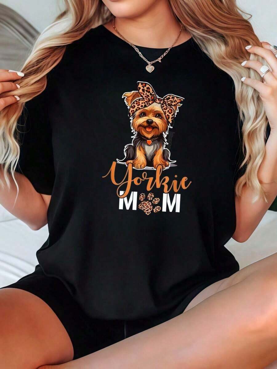 Camiseta de Mujer 2026, Casual, Cuello Redondo, Opcional en Blanco y Negro, con Estampado Gráfico de Leopardo y "Yorkie Mom", Camisetas de Verano para Uso Diario, Blusas para Mujer, Tops Cortos, Ropa Vintage de Algodón, Ropa Linda para Mujer, Blusas Casuales para Mujer - Negro - Ver 1
