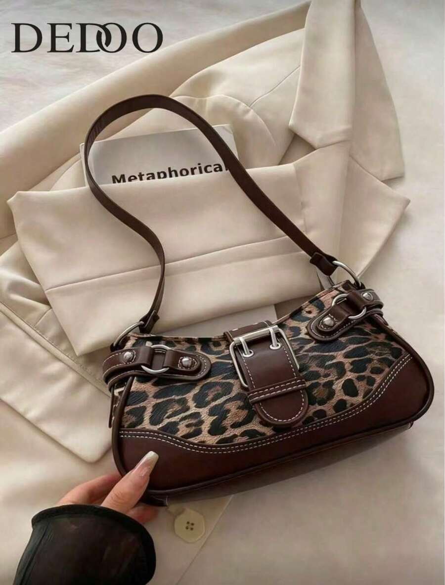 New Fashion Buckle Leopard Print Handbag & Shoulder Bag, Suitable For Parties, Outings, Vacations, Shopping And Daily Use, Can Store Coins, Phones, Also Suitable As A Work Bag For White-Collar, College Students And Office Workers, Elegant Ladies Bag, New Fall Winter Cheetah Print Purse For Women - 咖啡 - 查看 1