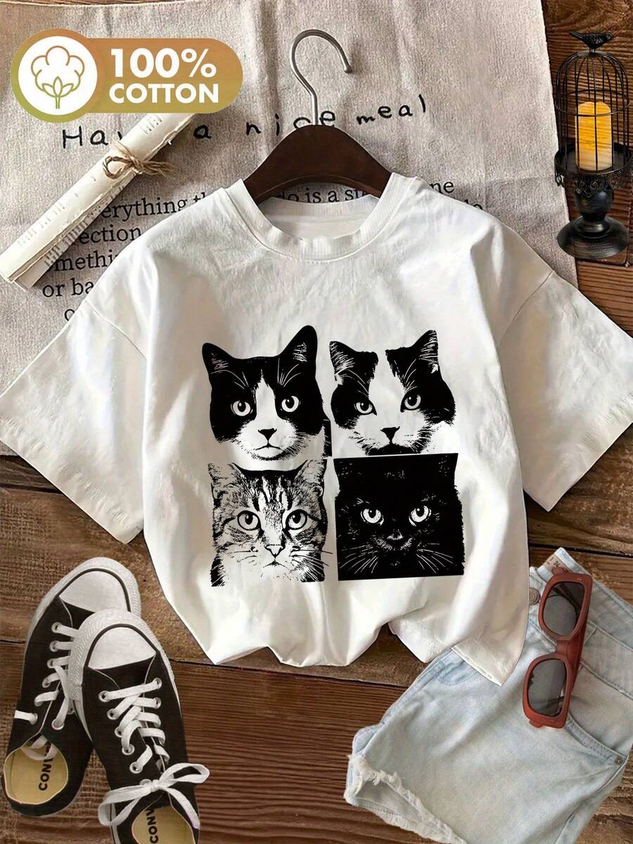Playeras de mujer con estampado gráfico, camiseta de manga corta con cuello redondo, top casual para verano y primavera, ropa de mujer, blusas casuales para dama. - Blanco - Ver 1