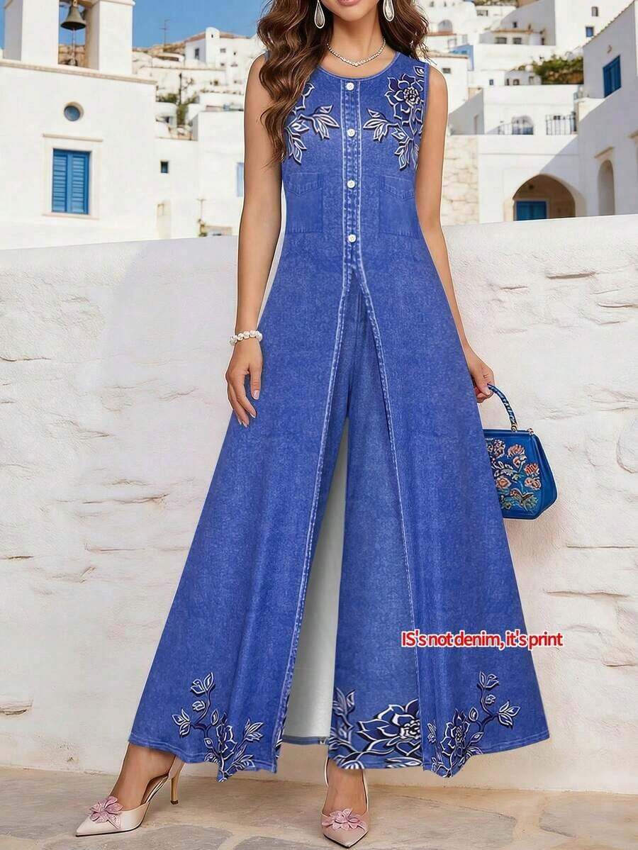 Set de 2 piezas de top corto sin mangas + pantalones anchos de pierna ancha de tela ligera y cómoda con estampado de mezclilla falsa, para uso diario, vacaciones y ocasiones múltiples, cuello redondo sin mangas, traje de pierna ancha con abertura, conjunto casual de 2 piezas de verano elegante para mujer - azul real - Ver 1