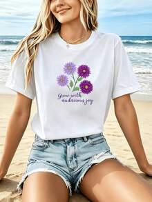 Camiseta Deportiva Casual para Mujer en Blanco con Bonitas Flores de Margarita Moradas y Texto - Camiseta Elástica de Cuello Redondo, Lavable aáquina, Ajuste Cómodo y Apta para Todas las Estaciones. - Blanco - Ver 7