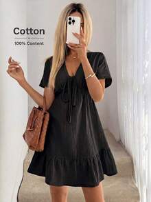 Umbrella Dress With V-Neck, Shoulder Tie, Dropped Sleeves, Gathered Waist, Ruffled Hem, Double-Layered Crepe Fabric, 100% Cotton, Casual, Relaxed, Elegant, For Everyday Wear, Vacation, Spring And Summer For Women - 黑色 - 查看 4