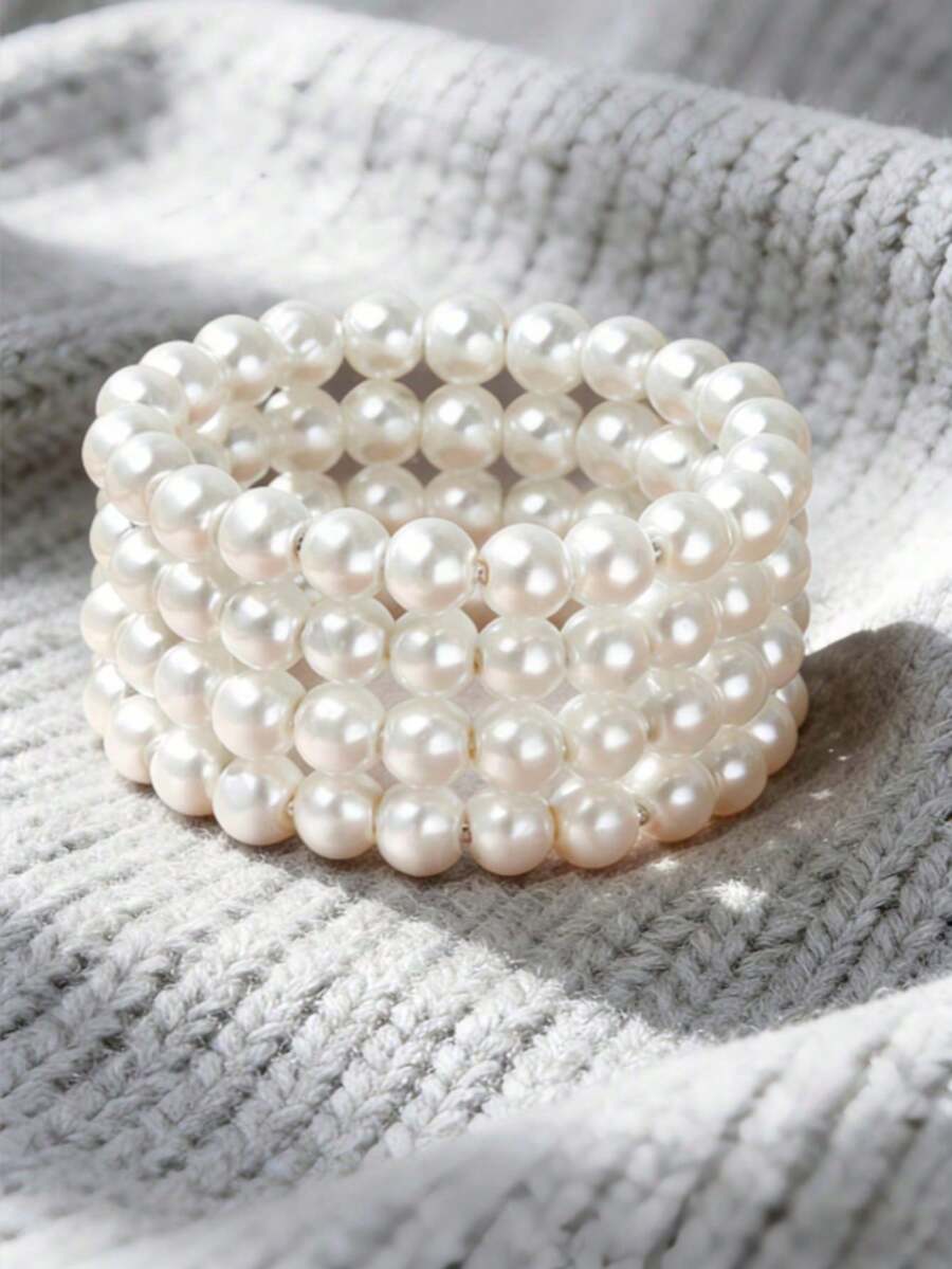 1 pieza Pulsera de perlas de moda multicapa - Blanco - Ver 1