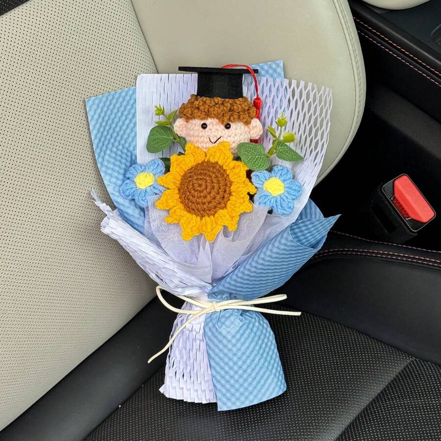 Handmade Yarn Flower Knitted Doll Sunflower Bouquet, Creative Graduation Season Gift For Boys And Girls, Birthday Present - Blue - Simple Graduation Boy Style - View 1