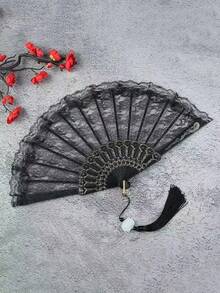 1 pieza Abanico de mano vintage de plumas blanco y negro, decorado con ribete de encaje dorado y borlas de perlas - Estilo elegante gótico lolita victoriano, adecuado para novia de boda, cosplay, fiesta, disfraz de Halloween, accesorio de fotografía, decoración de fiesta de té, baile de máscaras, regalo - A - Ver 13