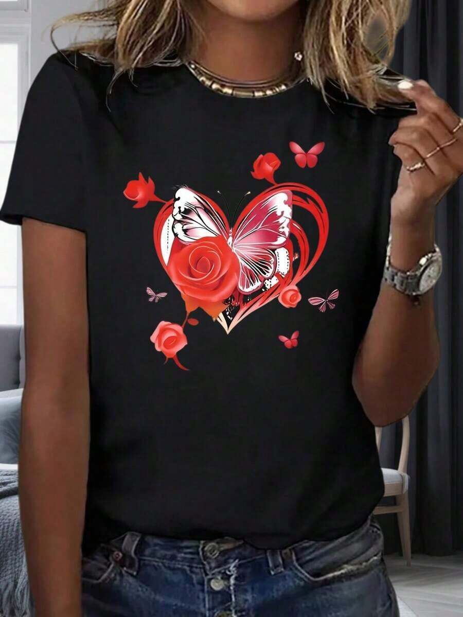 Camiseta de Algodón con Estampado de Mariposa, Corazón y Rosa Estilo Bohemio para Mujer, Manga Corta Casual, Moda de Verano, Regalo para el Día de San Valentín - Negro - Ver 1