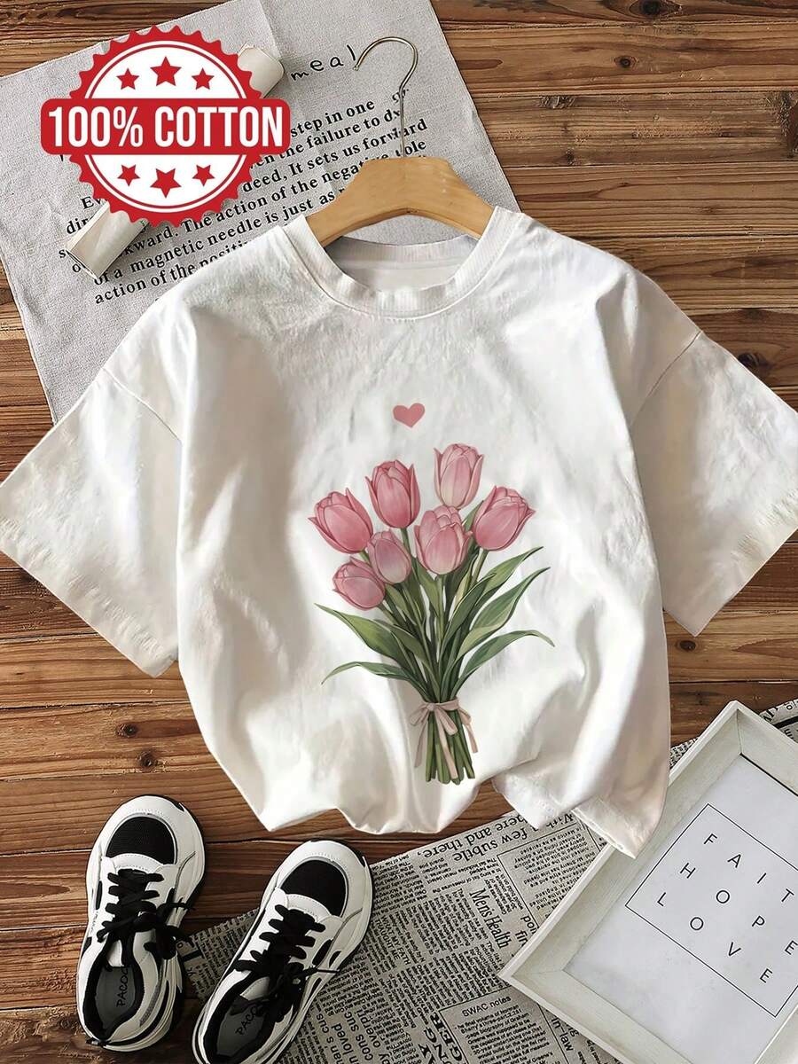 Top puro de mujer con estilo vintage que presenta tulipanes, cintas, ilustraciones de corazones y una camiseta estampada de manga corta con cuello redondo [Jing K]