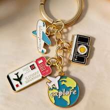 1pc Vintage Travel Enamel Keychain, Cute Airplane & Globe Pendant, Backpack Accessory For Travel Enthusiasts, Perfect Gift For Adventure Lovers - Pink+Green+Black - View 3