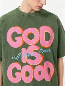 Men's God Is Good Distressed Graphic Tee, Oversized Crew Neck Short Sleeve Vintage Wash T-Shirt, Unisex Boyfriend Fit - 軍綠色 - 查看 3