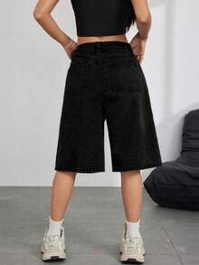 Women's Solid Color Denim Bermuda Shorts Casual Black Summer - Black - View 7