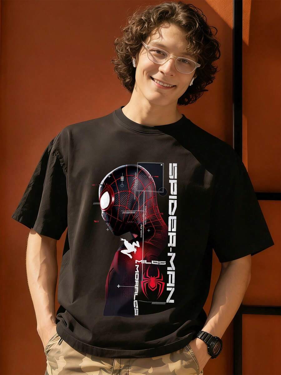 Spider Man Head Design With Grid Lines Graphic T Shirt 100 Percent Cotton Men's Shirt MARVEL Marvel Universe Superhero Summer Outfits Mens Clothing Mens Tops Streetwear Mens Gift Ideas Innerwear Or Outfits,Mens Fashion - màu đen - Xem 1