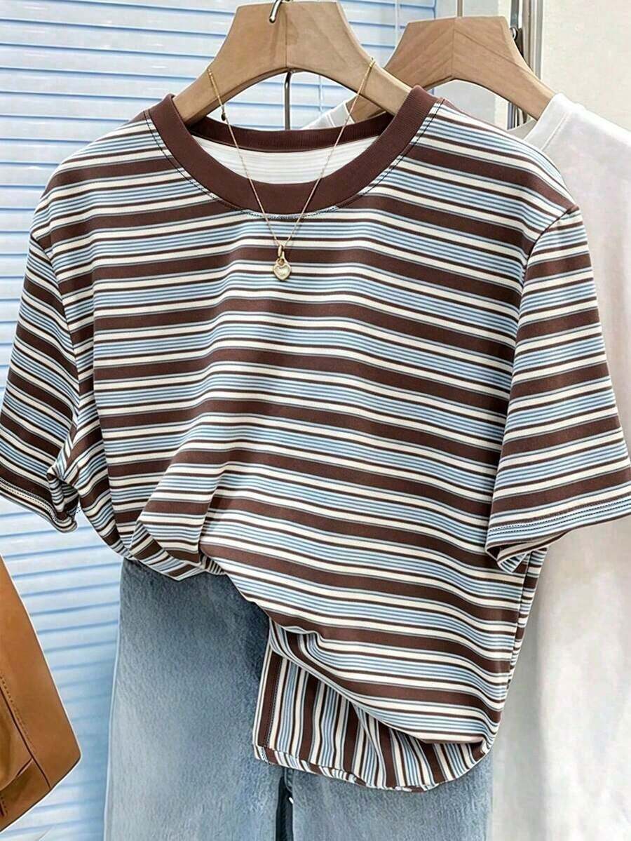 Camiseta de mujer de manga corta a rayas de colores vintage, top casual de cuello redondo para el verano - Multicolor 4 - Ver 1