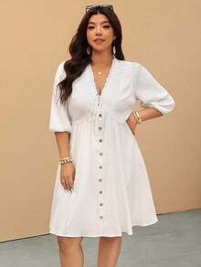 Elaquor Vestido casual de vacaciones de talla grande con cuello en V y nudo en unicolor - Blanco - Ver 3