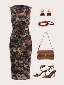 xheEllevyn Vestido elegante de longitud media con pliegues y estampado de lunares para mujerxhe - Multicolor - Ver 5