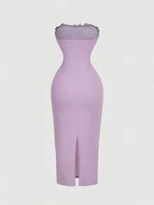 xheSHEIN MOD Vestido tubo midi de terciopelo con flores 3D en color borgoñaxhe - Morado - Ver 3