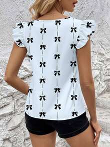 Blusa informal de mujer con cuello en V y decoración de lazo, adecuada para el verano - Azul - Ver 2