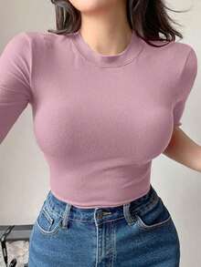 Blusa casual de mujer de cuello redondo, manga corta, silueta ajustada, para uso diario - Rosa 2 - Ver 4