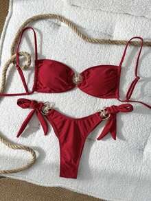 Swim Mod Conjunto de bikini sexy con decoración de estrella de mar metálica, unicolor, con lazos ajustables a los lados para mujer - Rojo - Ver 2