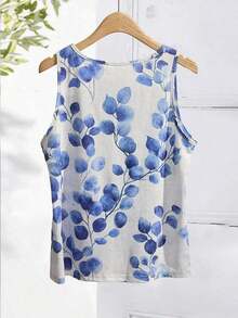 Camiseta sin mangas de cuello redondo con estampado floral casual, adecuada para el verano y el regreso a la escuela - Multicolor - Ver 2