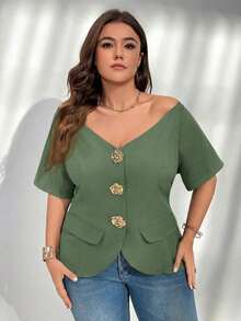 delgada de estilo elegante con botones metálicos, hombros descubiertos y ajuste ceñido, ideal para uso diario, oficina, graduación, regreso a clases y atuendos de maestras en primavera/verano y otoño/invierno para mujeres de talla grande - verde menta - Ver 8