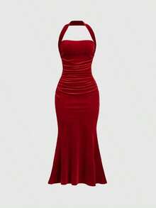 Vestido con cuello de halter y bajo de cola de sirena para mujer, vestido elegante sin espalda con pliegues sin mangas y ajuste ceñido color rosa intenso liso para fiestas y salidas nocturnas, vestido largo de mujer para primavera/verano - Rojo - Ver 1