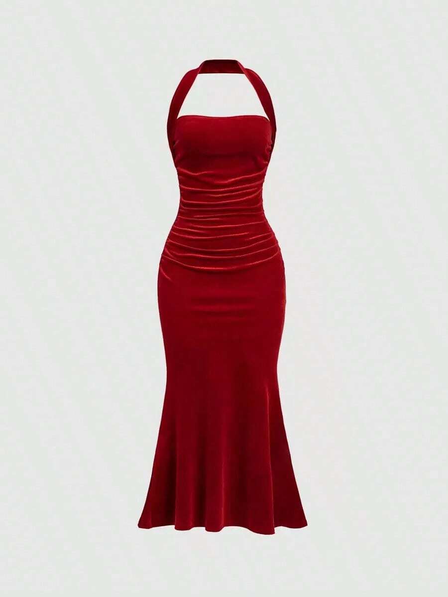 Vestido con cuello de halter y bajo de cola de sirena para mujer, vestido elegante sin espalda con pliegues sin mangas y ajuste ceñido color rosa intenso liso para fiestas y salidas nocturnas, vestido largo de mujer para primavera/verano - Rojo - Ver 1