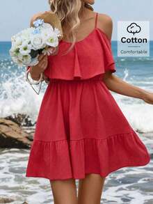 Vestido corto elegante de mujer con cuello en V, volantes, cintura y línea A, con estampado de lunares marrones y hombros descubiertos - Rojo - Ver 10