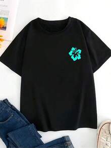 Camisetas Para Mujer AlgodónCamiseta básica divertida con estampado de hibisco colorido, tejido liviano, estilo urbano, ajuste cómodo, perfecta para primavera y verano, uso diario, disponible en negro y varias tallas, moda femenina,  actuales. mundial 2026 - Negro - Ver 1