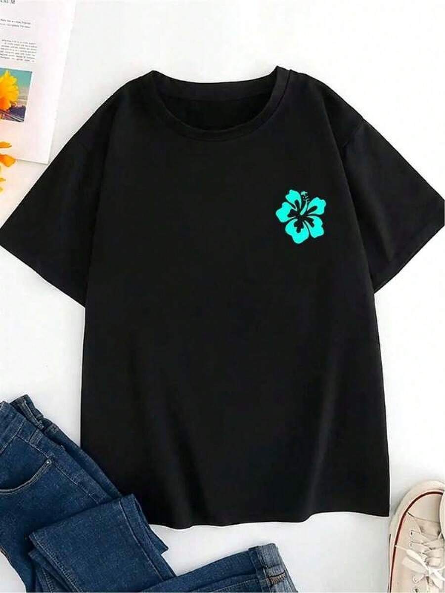 Camisetas Para Mujer AlgodónCamiseta básica divertida con estampado de hibisco colorido, tejido liviano, estilo urbano, ajuste cómodo, perfecta para primavera y verano, uso diario, disponible en negro y varias tallas, moda femenina,  actuales. mundial 2026 - Negro - Ver 1