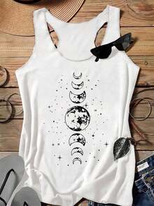 LUNE Camiseta de tirantes casual de mujer con estampado de luna y estrellas, cuello redondo, adecuada para el verano - Blanco - Ver 6