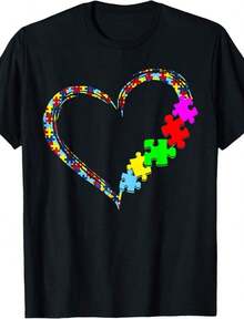 1 Autism Awareness T-Shirt, "Accept, Understand, Love" T-Shirt, Autism Heart Sweatshirt, Puzzle Piece Design T-Shirt, Gift For Teachers, Hoodie For Special Education Teachers, Gift For Mom. Casual Fabric 180g 100% Cotton - 黑色 5 - 查看 1