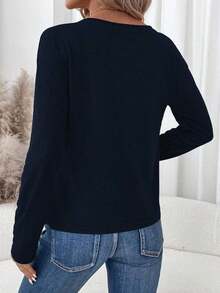 Camiseta de manga larga con cuello en V regular y estilo minimalista casual, adecuada para otoño/invierno - Azul marino - Ver 2