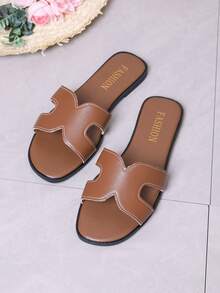 New Arrival Solid Dark Brown Korean Fashion Slippers, Women's Flat Vacation Beach Sandals, H-Strap Slides - Dark Brown - View 3