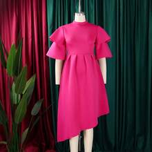 Women's Summer Dress, New Model, Double Ruffle Sleeve, Solid Color, Wide Full Skirt - 玫紅色 - 查看 2