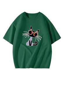 Women's Short Sleeve T-Shirt With Cartoon Print, Slim Fit#3333 - 深綠色 - 查看 1