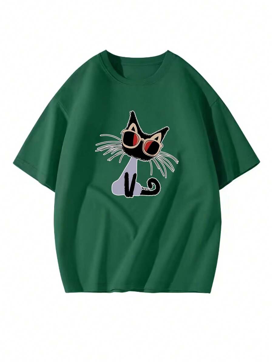 Women's Short Sleeve T-Shirt With Cartoon Print, Slim Fit#3333 - 深綠色 - 查看 1