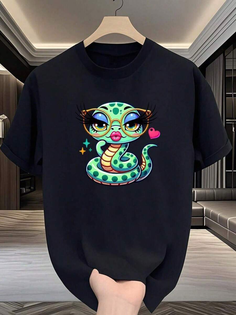 Unique T-Shirt With A Striking Snake Design In A Y2K Style, Ideal For Lovers Of Mexican Fashion And Pop Culture. Highlight Its Charm And Originality, Perfect For Any Occasion. Don't Miss Out! DXPP - 黑色 - 查看 1