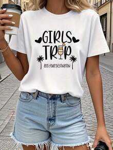 Camiseta de mujer "TRIP ADD YOUR DESTINATION" - Camiseta de manga corta con cuello redondo y estampado de palmeras y cola de gallo, ropa de playa informal para primavera/verano, ropa de viaje lavable a máquina. Camiseta de manga corta cómoda y versátil. - Blanco - Ver 1