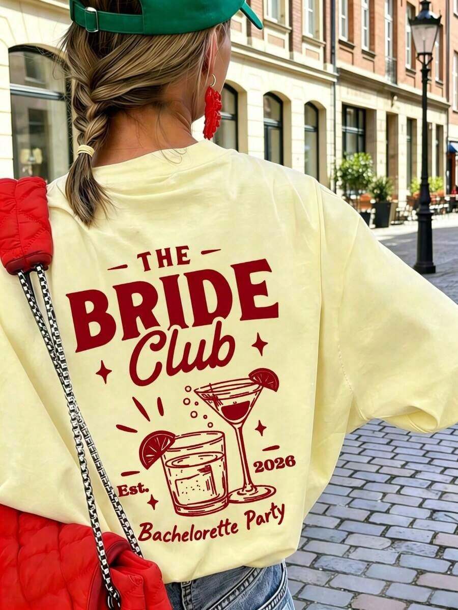 1 pieza de camiseta de manga corta holgada para mujer, ideal para el verano, con estampado gráfico para despedida de soltera, ropa encantadora para mujer, atuendo para vacaciones.Ropa de festival, blusa elegante para mujer, ropa casual de verano para mujer, atuendo de vacaciones para mujer.Blanco - Amarillo - Ver 1