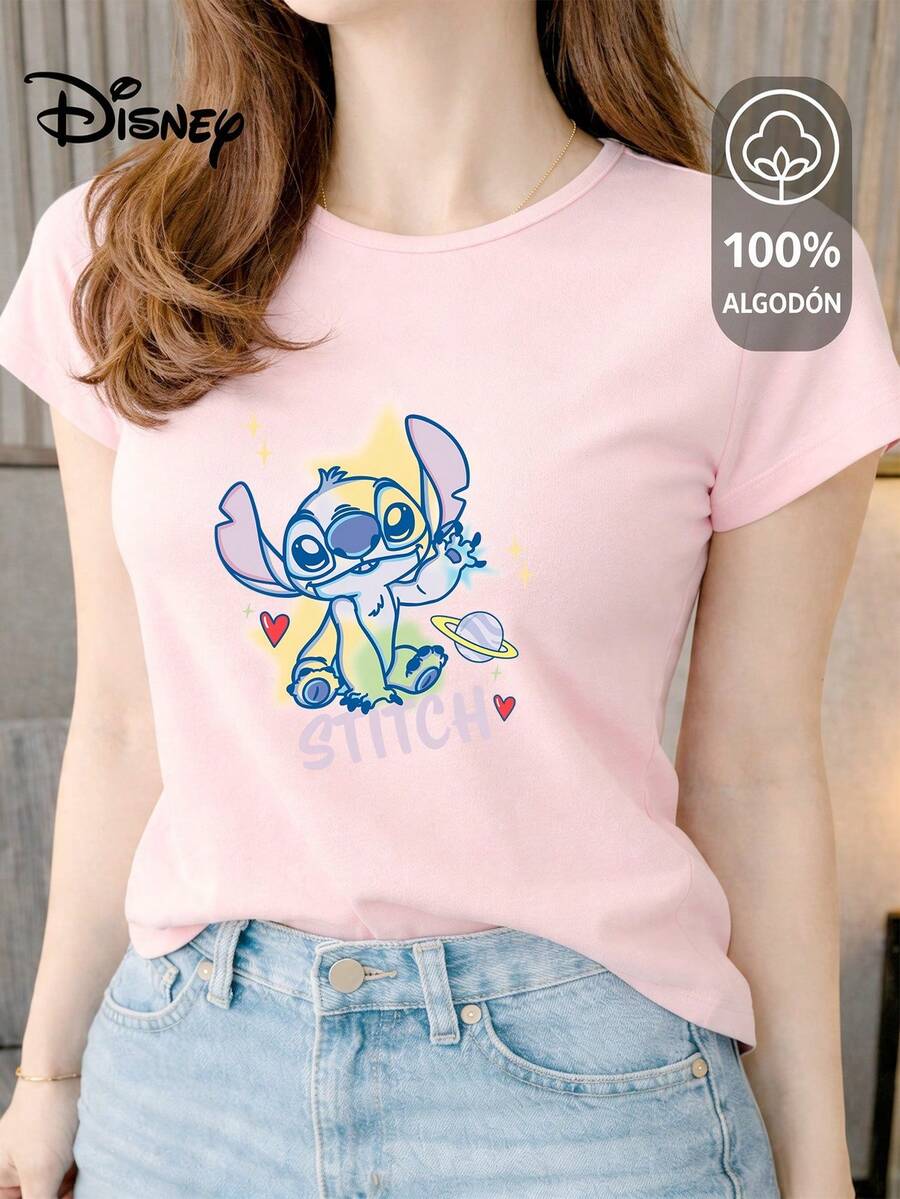 Women's T-Shirt Made Of 100% High-Quality Cotton. This T-Shirt Guarantees Exceptional Softness To The Touch, With A Round Neck, "Disney Stitch Galactic" Print, And Short Sleeves. - 粉色 - 查看 1