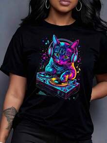Men's Pure Cotton T-Shirt With Cat Graphic Design, DJ Techno EDM Rave Style, For Cat Lovers - Black 3 - View 8