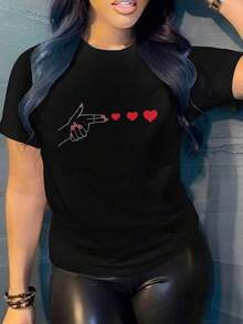 2026 New Women's T-Shirts Unique Graphic Heart Design T-Shirt, Modern Avant-Garde Style, Soft Comfortable Fabric Perfect For Young Women, Available In Size S, M, L, Black Color, Casual Fashion, Seasonal. - 黑色 - 查看 6