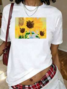 Women's Clothing Sunflower Print T-Shirt, Short Sleeve, Round Neck, Casual Top For Summer And Spring, Plus Size Women's Clothing, Women's Shirts - 白色 - 查看 6