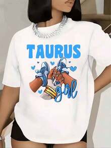 Manga corta, conjuntos de verano para mujer, camiseta de mujer con estampado de chica Tauro con zapatillas y corazones, manga corta, cuello redondo, ropa casual, 220g, tops de mujer vintage. - Blanco - Ver 6