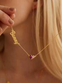 1 Pc Double Name Necklace, Custom Necklace, Birthstone Necklace, Gold Necklace, Anniversary Gift, Grandma Gift For Mom, Mothers Day Gift For Her - Multicolor - View 3