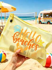 Multi Color Waterproof Fashionable Mesh Beach Bag, Colorful "Beach" Printed Makeup Bag, Crab, Shell Pattern Beach Theme. Large Capacity Transparent Makeup Bag, Nylon Zipper Wash Bag - Lightweight, Can Store Sunscreen, Snacks, Bikinis, And Beach Essentials. Spring And Summer Storage, Durable, Very Suitable For Swimming - Multicolor - View 8