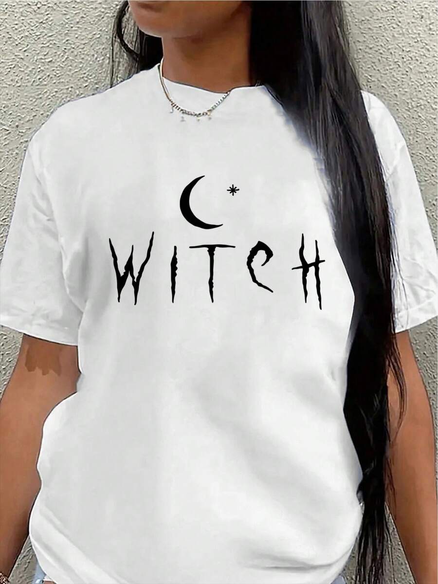 Women's Short-Sleeved T-Shirt With A Witch And Moon Print, Made Of Lightweight And Durable Fabric, Perfect For Halloween Celebrations, Casual Wear, Or Evening Events. Features A Printed Design. Women's Blouses > Clothing - 白色 - 查看 1