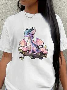 Lightweight And Durable Short-Sleeved T-Shirt With Cute Dragon And Flower Designs, Perfect For Casual Outings At Home Or A Coffee Shop. Made With Soft Fabric For Everyday Comfort. Women's Blouses > Clothing - 白色 - 查看 7