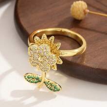 1 pieza Anillo giratorio Fidget de cobre con circonita, con diseño de flor, estrella y luna, para alivio de ansiedad y estrés, para uso diario, regalo - Plateado - Ver 6